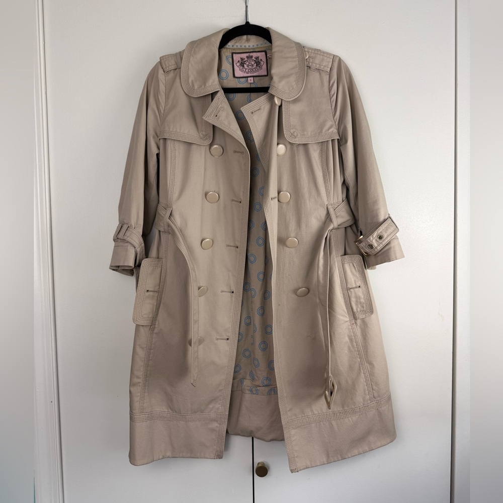 Juicy Couture Khaki Trench Coat Double Breasted Size Small Fair